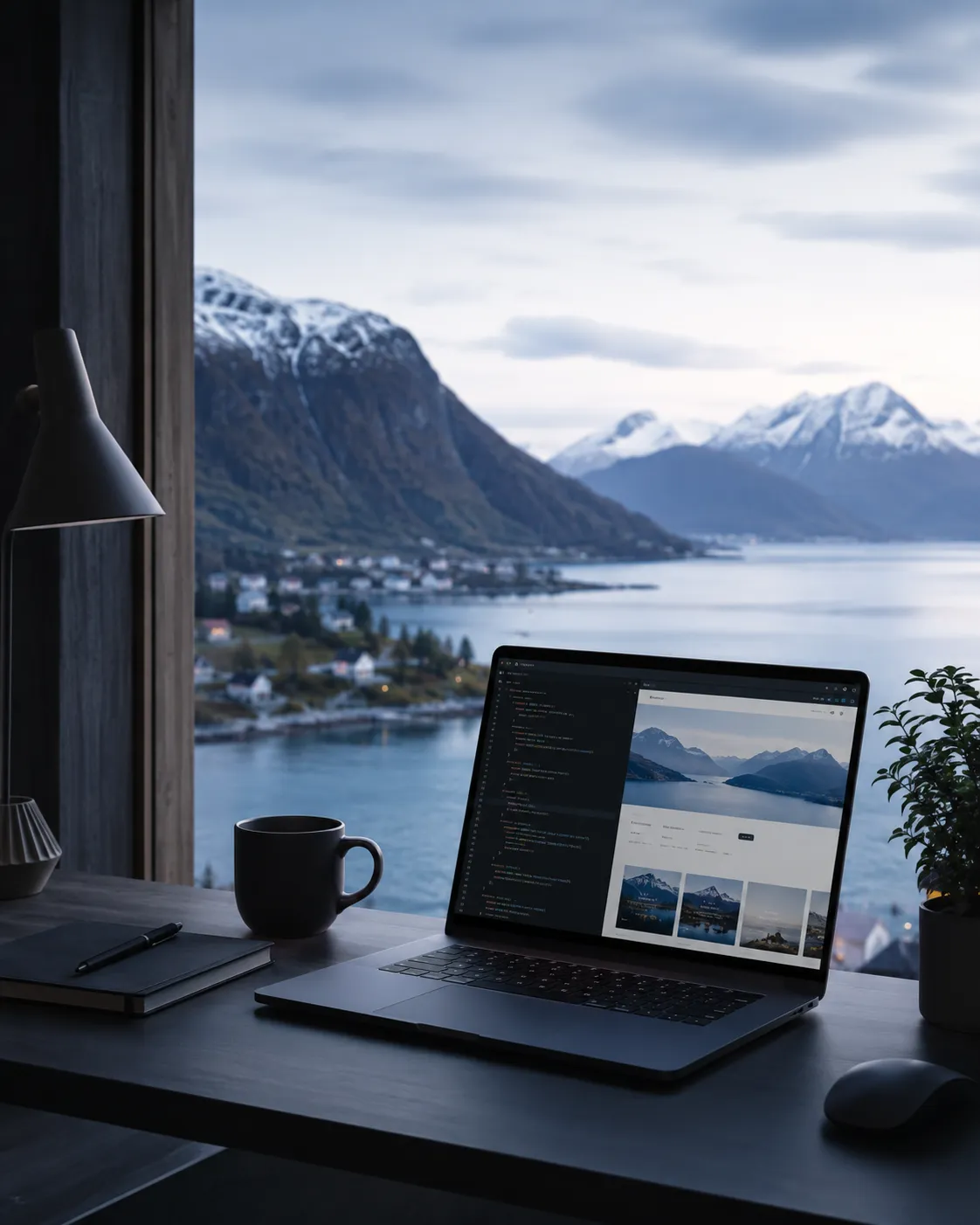 Arbeidsplass med laptop og utsikt mot Sunnmøre