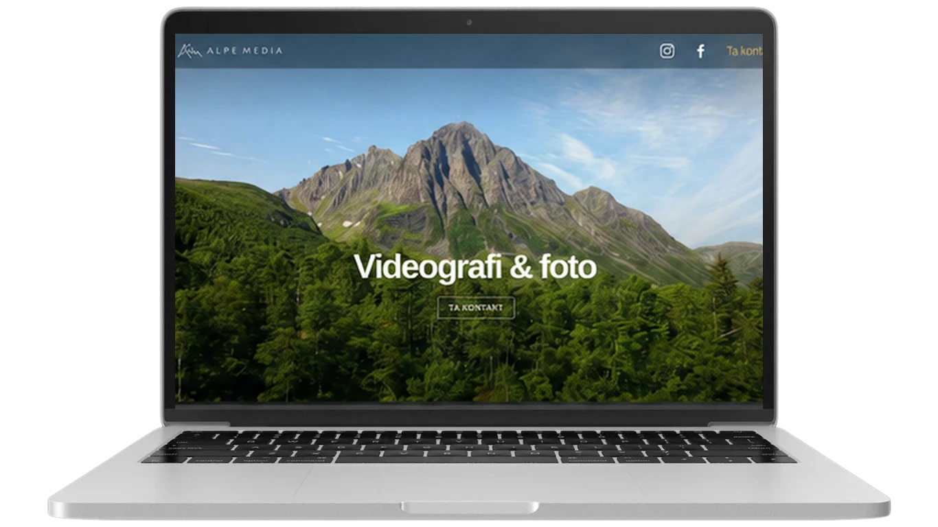 Skjermbilete av nettsida til Alpe Media vist på laptop